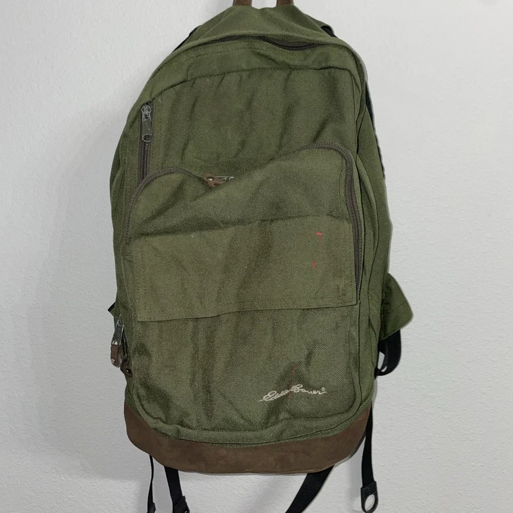 Vintage Eddie Bauer Suede Bottom Backpack Green Travel Camping School Hiking
